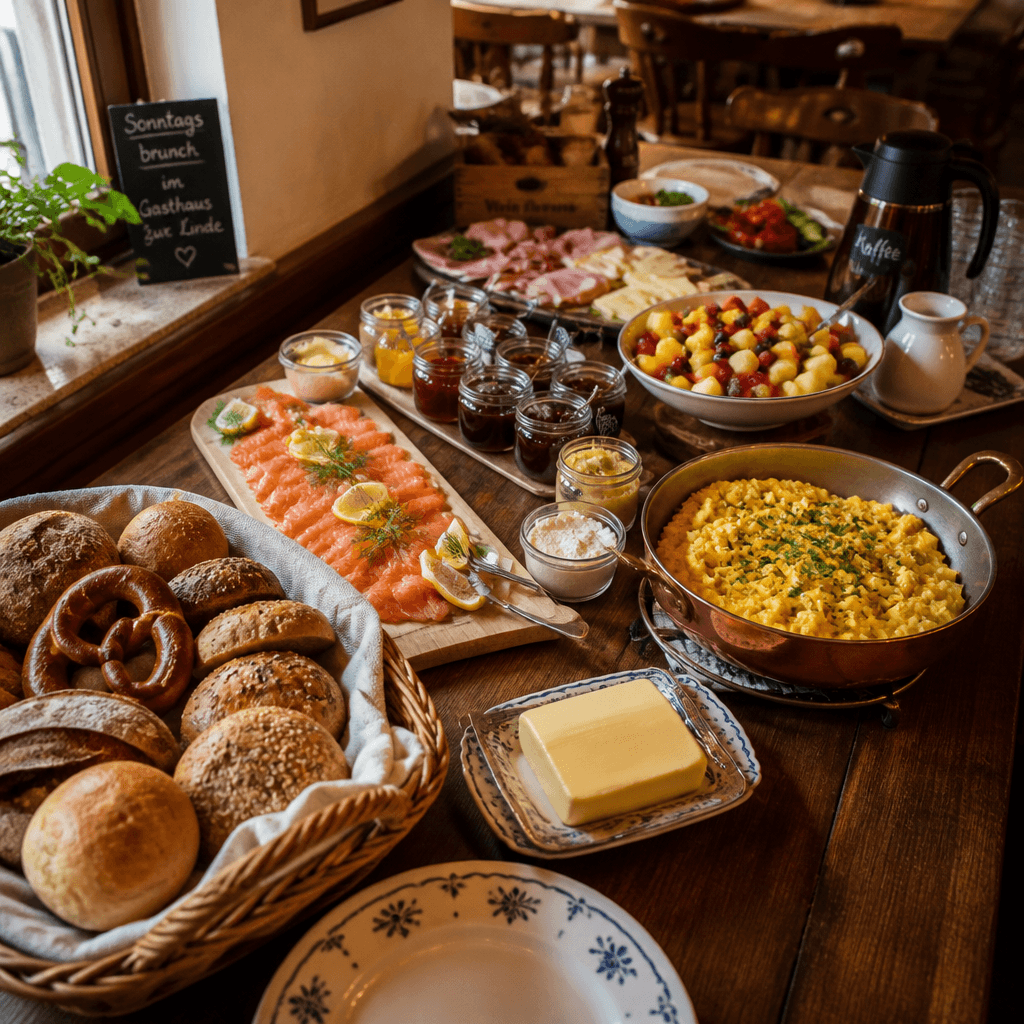 Brunch-Tisch im Feuervogel mit Broetchen, Lachs, Ruehrei und Aufschnitt